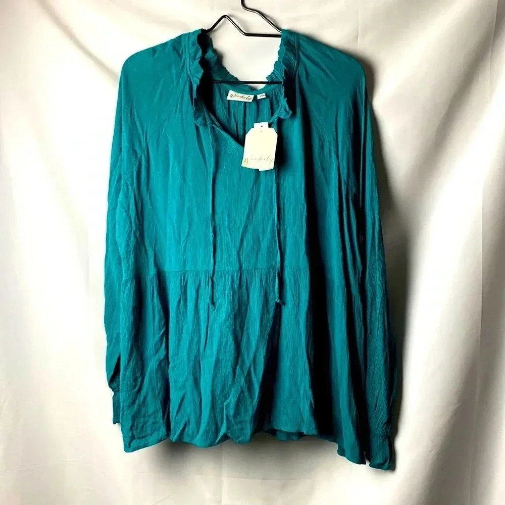NWT‎ WONDERLY WOMENS SIZE XL TEAL PEASANT WOVEN TOP RUFFLE COLLAR CUFFS